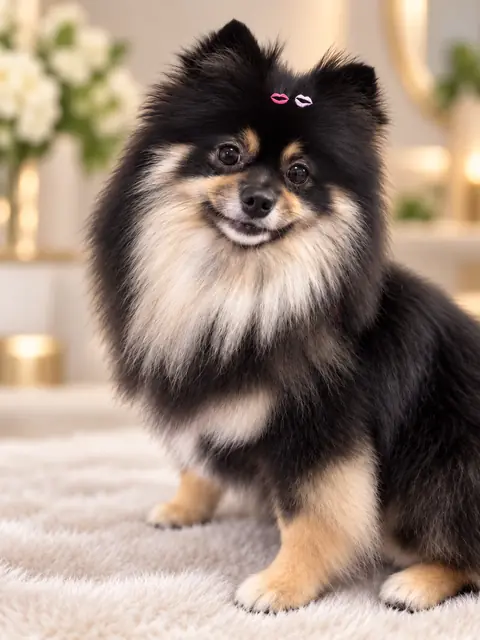 Lulu da pomerânia preto e caramelo com a pelagem escovada