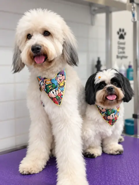 Cão branco de pelagem cacheada ao lado de um shih-tzu, ambos com bandanas