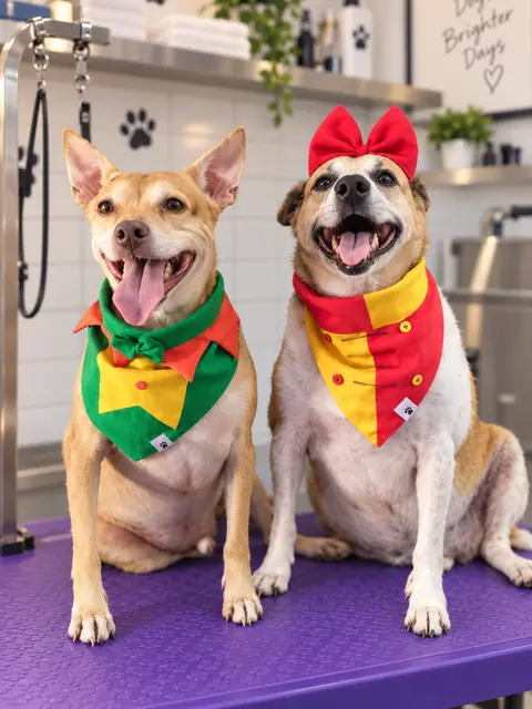 Dois cães sorrindo com bandanas coloridas na mesa de tosa
