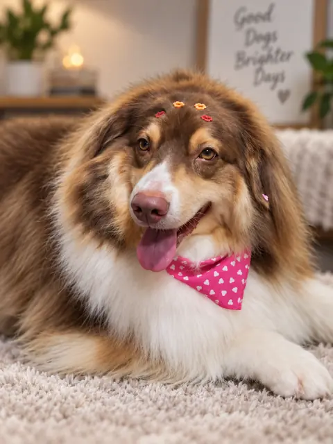 Cão de pelagem longa marrom e branca deitado, com bandana rosa